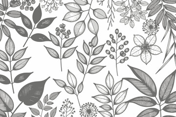 Botanical Line Art Illustration- Elegant Leaves and Berries Design- Black and White Floral Pattern for Backgrounds and Creative Projects- Nature Inspired Art