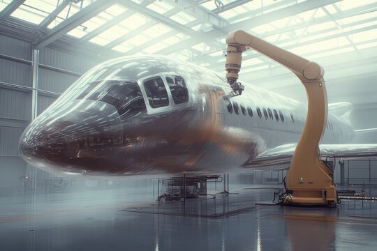 Advanced Robotic Arm Performing Maintenance on Aircraft in Hangar