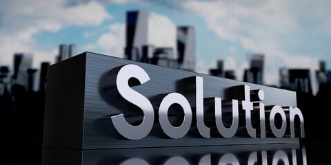 Obraz premium Solution - metal cuboid and skyscrapers - 3D illustration