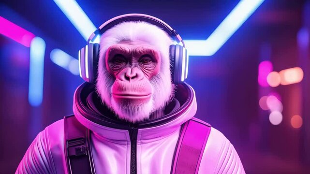 A futuristic albino gorilla wearing headphones in a bright vibrant environment with glowing neon lights in the background against green tones