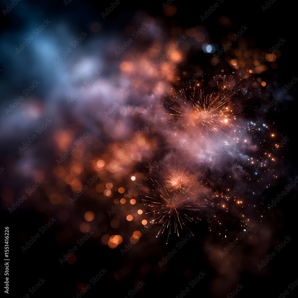 Poster vibrant abstract fireworks with soft focused bokeh lights