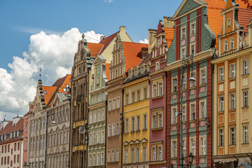 Colorful Historical Buildings with Unique Architectural Facades in a Scenic Old Town Area, Wroclaw, Poland