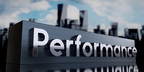Obraz premium Performance - metal cuboid and skyscrapers - 3D illustration