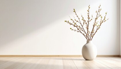 Simple White Vase With Spring Branches In Minimalist Interior