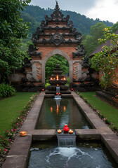 Balinese traditional stone gate with fountain and water channel, tropical garden, exotic asian architecture, bali travel destination