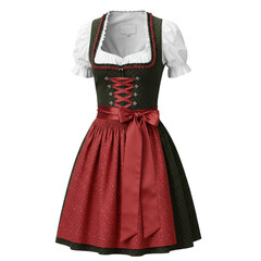 Traditional Bavarian dress in green with red accents on transparent background  