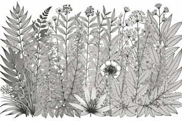 Detailed Botanical Illustration - Monochrome Floral Drawing with Ferns and Flowers - Intricate Leaf and Petal Design for Nature Lovers-Artistic Botanical Print