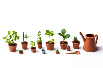 Obraz premium Variety of Small Indoor Plants with Terracotta Pots and Watering Can