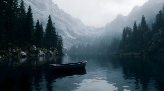 A small boat glides across a tranquil mountain lake - Powered by Adobe