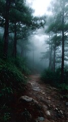 Obraz premium Winding mountain trail through a misty forest