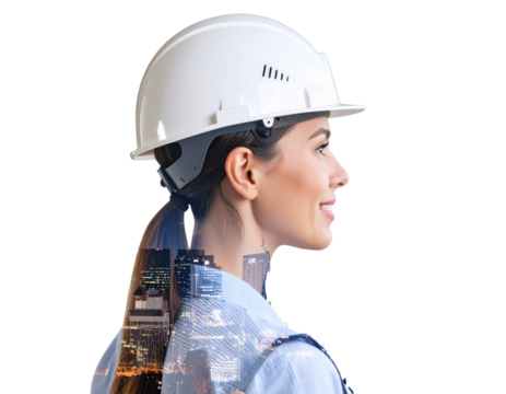 Double Exposure of Construction Worker with Urban Skyline – Transparent Background - Powered by Adobe