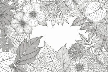 Floral Frame Illustration-Botanical Art Print-Elegant Flower and Leaf Design-Monochrome Nature Drawing-Sophisticated Botanical Decor