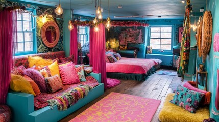 Vibrant bohemian bedroom with turquoise walls, colorful textiles, and eclectic furnishings.  A plush seating area and two beds are featured, creating a playful, maximalist space