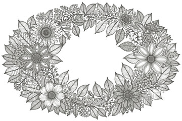 Floral Wreath Illustration - Delicate Flower Border Design - Botanical Frame with Intricate Leaf Patterns - Elegant Black and White Floral Arrangement for Invitations