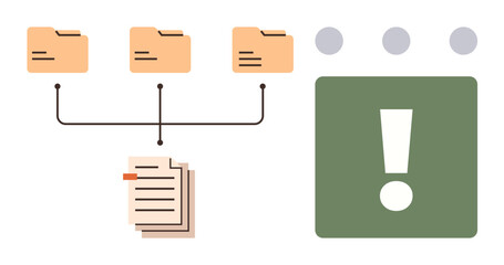 Three file folders link to a stack of documents next to a green alert with an exclamation mark. Ideal for workflow, data sharing, task management, information security, productivity, organization © robu_s