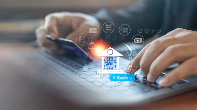 A person using a laptop and holding a credit card with AI banking icons. - Powered by Adobe