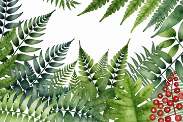 Watercolor Fern Leaves-Botanical Illustration-Green Foliage Design-Fresh Nature Art-Forest Ferns and Red Berries-Elegant Plant Decor-Hand Painted Ferns Background