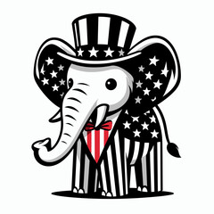 Obraz premium Elephant wear american patriotic costume. Dabbing Independence Day 4th of July Flag Patriotism Usa Funny Clipart Line Art Vector Illustration. Huge creature dons themed festive garb large.