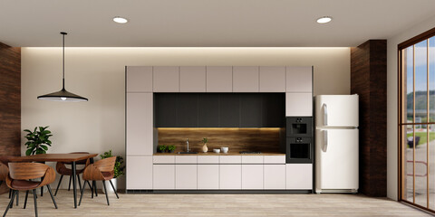 Sustainable kitchen design with modern aesthetics and eco-friendly elements. 3D render illustration
