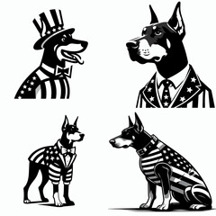 Doberman Pinscher Dog wear american patriotic costume. Dabbing Independence Day 4th of July Flag Patriotism Usa Funny Clipart Line Art Vector Illustration. canine apparel themed celebratory.