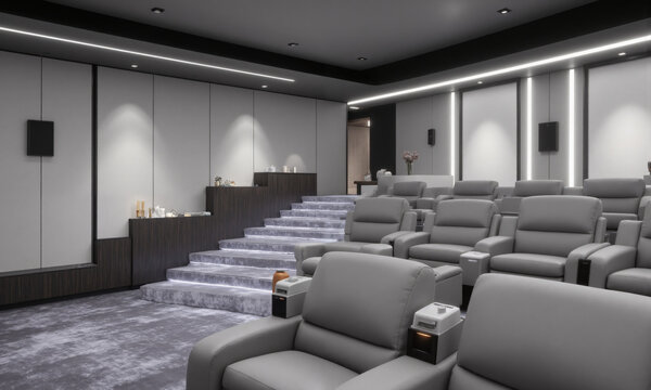 Tech-savvy home theater in silver gray, featuring AI-powered seating that adjusts based on body shape and movie preferences, and motion-sensing