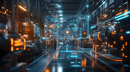 Futuristic smart factory illustration featuring advanced AI, IoT, and robotics integrated into manufacturing processes to enhance efficiency and productivity  19034365 3