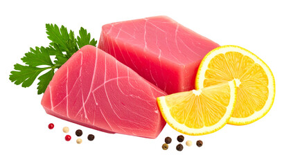 Raw Tuna Fillet with Citrus and Spices isolated on solid white background Png format