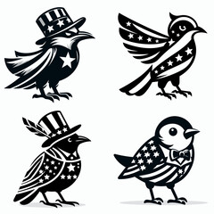 Naklejka premium bird wear american patriotic costume. Dabbing Independence Day 4th of July Flag Patriotism Usa Funny Clipart Line Art Vector Illustration. Avian attire united states national garb fancy.