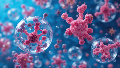 Colorful Microscopic View of Pink Bacteria and Cells with Bubbles Against a Blue Background for Scientific Artwork and Education