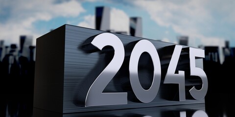 2045 - metal cuboid and skyscrapers - 3D illustration