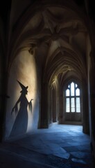 Shadow of old witch on the wall in vintage gothic castle.