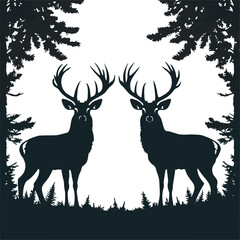 Majestic deer silhouette with large antlers in pine forest with foxes and trees vector illustration