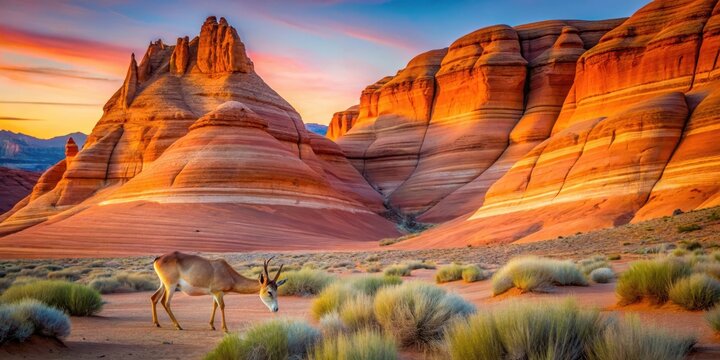 Canyon antelope grazing near vibrant sandstone formations at sunset