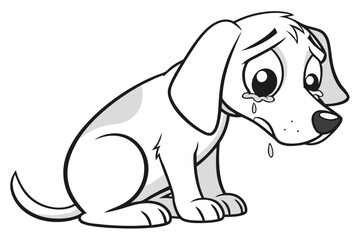 Monochrome Cartoon Puppy Dog with Sad Expression and Tears Falling from Eyes Depicts a Moment of Sorrow