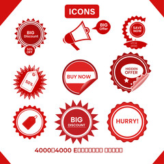 Striking Red Sale Badges: A vibrant set of red sale badges, banners and stamps, featuring dynamic designs.