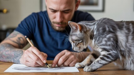Young caucasian male artist drawing with cat on table