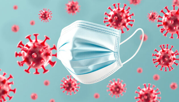 Medical Face Mask Surrounded by Covid-19 Virus Particles Against Blue Background for Health and Safety Concepts