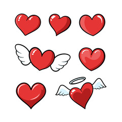 A vibrant set of cute red cartoon hearts in various styles, including hearts with wings, angel halo, and glossy shine. Perfect for wedding, love design, and greeting card.