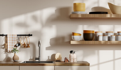 Sustainable kitchen design with modern elements and natural decor. 3D render illustration