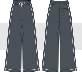 Women's wide leg,  elastic high waist pants, sweatpants fashion technical drawing, illustration. Front and back view, Cad, Mockup set.