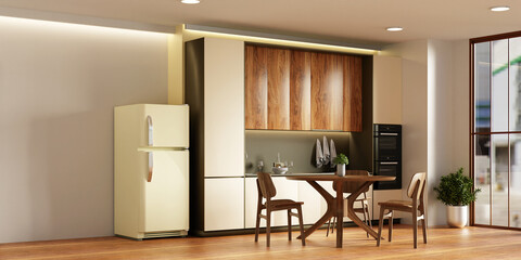Sustainable kitchen design featuring eco-friendly materials. 3D render illustration