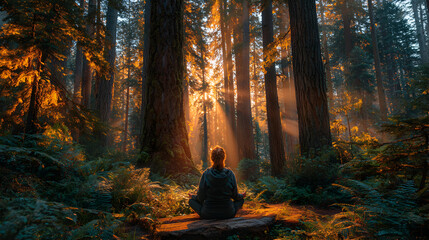 Person meditating peacefully in a sunlit forest, embodying tranquility, healing, and the restorative benefits of forest bathing and ecotherapy 78648963 1