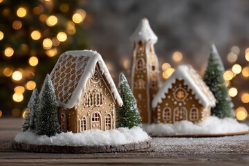 Fototapeta premium Gingerbread houses trees sit on snow atop a wood surface bokeh lights background creating a festive scene