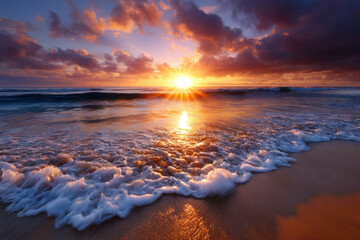 Obraz premium Waves gently break on the shore as the sun sets over the tranquil ocean horizon