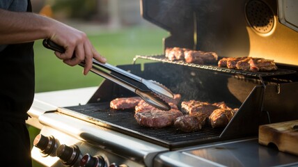 Male grilling meat on outdoor bbq grill with tongs in sunny backyard
