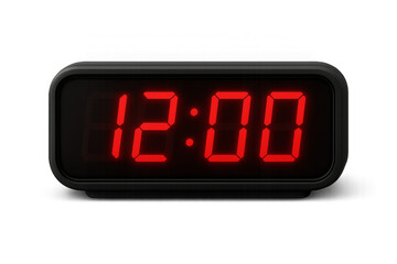 Digital alarm clock displaying 12:00 on transparent background