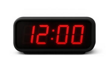 Digital alarm clock displaying 12:00 on transparent background