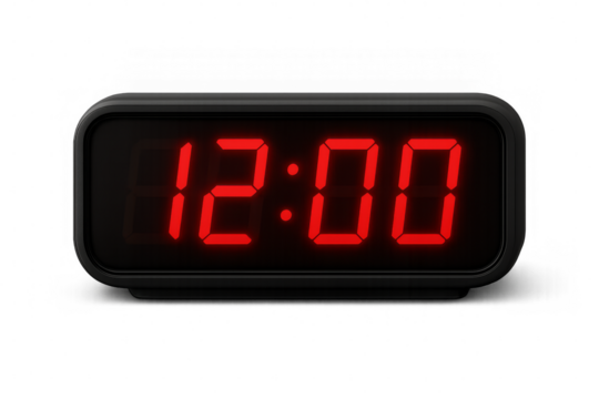 Digital alarm clock displaying 12:00 on transparent background