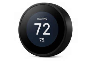 Smart thermostat showing heating temperature on transparent background