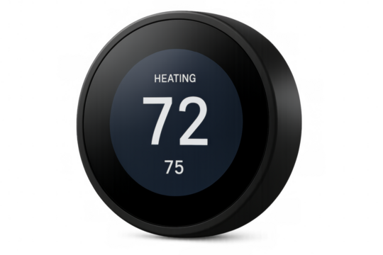 Smart thermostat showing heating temperature on transparent background